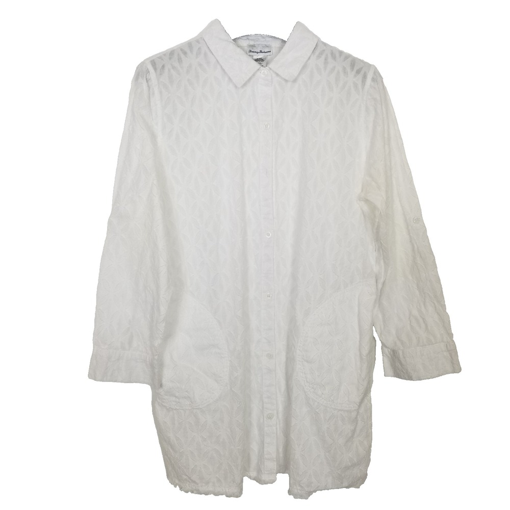 Tommy Bahama Cotton Clip Jacquard Boyfriend Shirt Sz L Button Up Long Sleeve